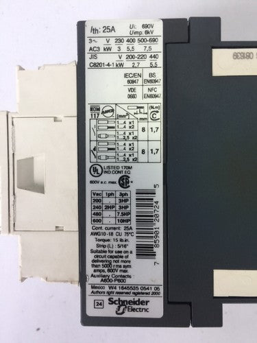 TELEMECANIQUE LC1D12BD CONTACT 25A 600VAC COIL 24VDC LAD4TBDL 5-24V5