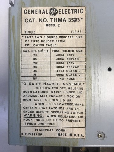 GE THMA35J5 DISCONNECT SWITCH 600A 600VAC 250V 3 POLE MODEL 21