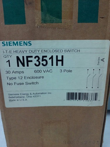 I-T-E SIEMENS NF351H SER. A, H.D. ENCLOSED SWITCH, 30A, 600V, 3PH, TYPE 12, NEW1