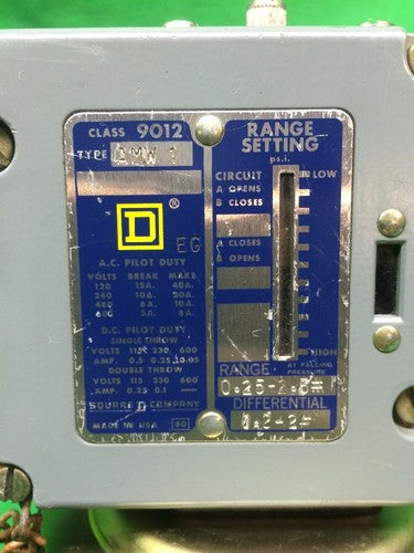 SQUARE D PRESSURE SWITCH 9012 AMW1, 120/240/480/480V, BREAK 15/10/6/50AMP, NEW3