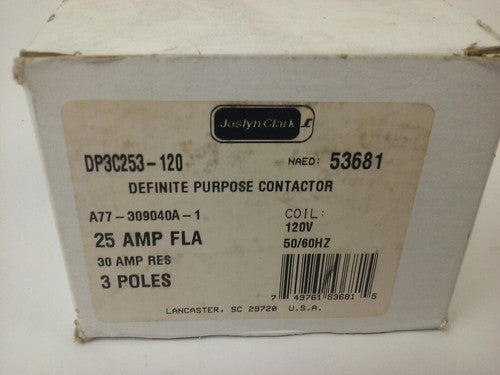 JOSLYN CLARK DP3C253-120 DEFINITE PURPOSE CONTACTOR 3P 25A FLA 30A RES 120V COIL1
