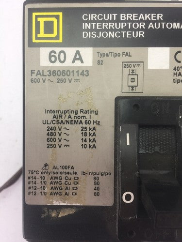 SQUARE D FAL360361143 CIRCUIT BREAKER 60A 600VAC 250VDC 3 POLE 1