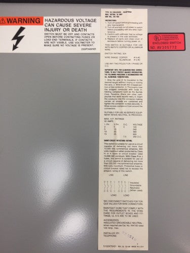 WESTINGHOUSE RDSN6030 SWITCH MAX AMP 30 MAX VOLT 600AC 250DC TYPE 3R RAINPROOF3