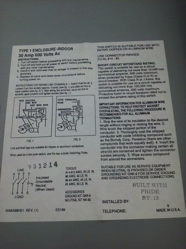 CHALLENGER HD361NFC MODEL 0 SAFETY SWITCH 3P 30A 600VAC 20HP NON-FUSIBLE NEMA 13