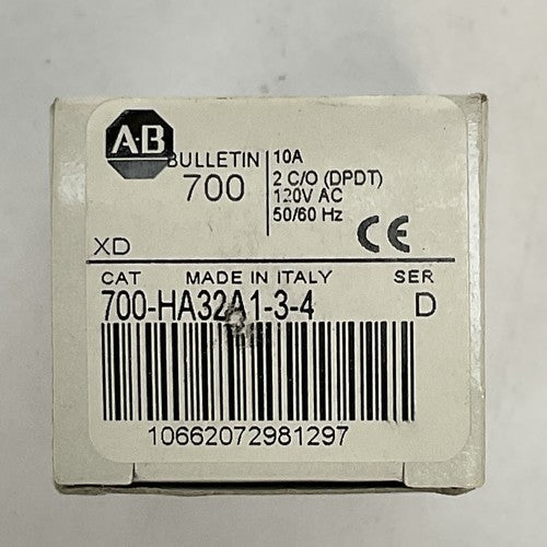 ALLEN BRADLEY 700-HA32A1-3-4 SER D RELAY 10A 2 C/O (DPDT) 120VAC 50/60HZ0