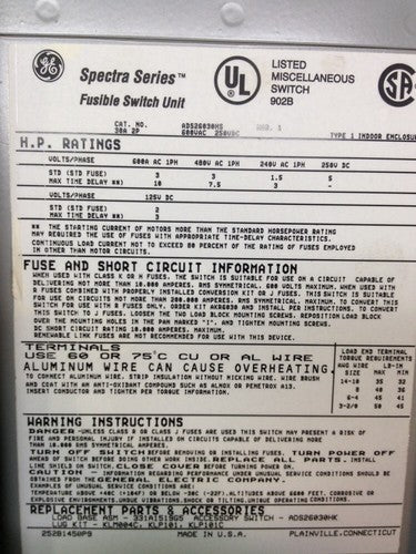 GE SPECTRA SERIES ADS26030HD 30A 600V 2P 10HP FUSIBLE PANLEBOARD SWITCH2