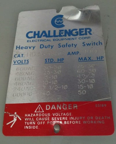CHALLENGER HD363SNC FUSIBLE SAFETY SWITCH, 100A, 600V, 3PH, 75HP, TYPE 1 INDOOR1