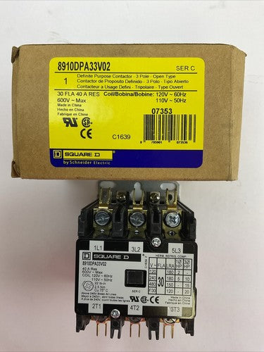 SQUARE D 8910DPA33V02 CONTACOTR SER C 3P 600VAC 20HP 40A COIL 110/120VAC 50/60HZ0