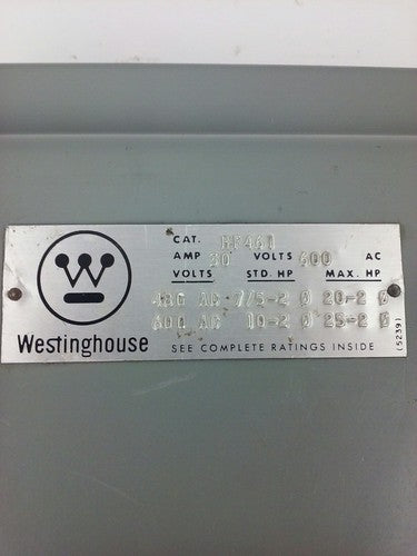 WESTINGHOUSE HF461 SAFETY SWITCH, 30A, 600V, 4P FUSIBLE, 25 H.P., NEW1