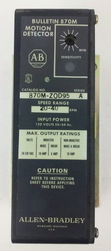 ALLEN BRADLEY 870M-ZOD95 SER. A, MOTION DETECTOR, 20-40 RPM SPEED RANGE,120V 10A1