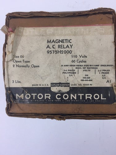 CUTLER HAMMER 9575H2000 MAGNETIC A.C. RELAY 110 VOLTS 60 CYCLES OPEN TYPE 0