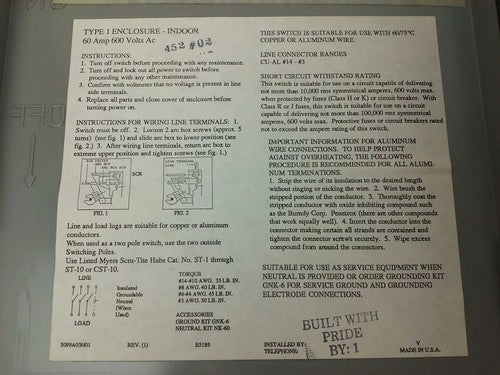 CHALLENGER HD362NFC, SAFETY SWITCH, TYPE 1 INDOOR, 60A, 600VAC/600DC, 3P, USED3