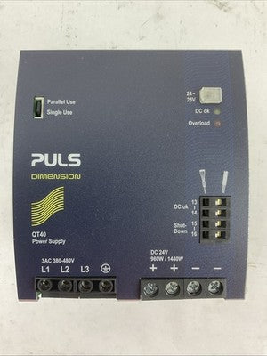 PULS QT40.241 POWER SUPPLY OUTPUT 24-28VDC INPUT 380-480VAC 1.8-1.3A 50-60HZ0