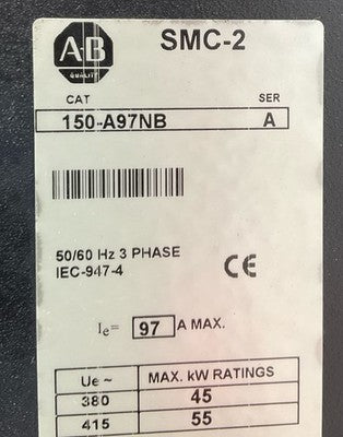 ALLEN BRADLEY 150-A97NB SOFT START SOLID STATE CONTROLLER 97A 75HP 460VAC SER A1