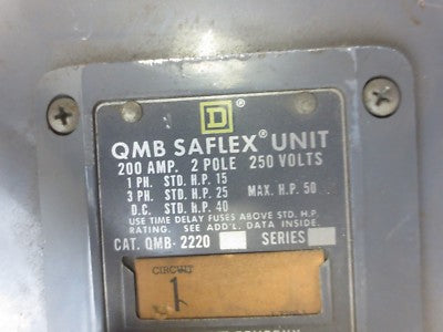 SQUARE D QMB-2220 - QMB SAFLEX UNIT / SAFETY SWITCH / BUS PLUG - 250V, 200A, 2-P1