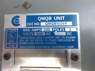 CHALLENGER ELECTRIC QMQB1036R PANEL SWITCH - 600V, 100A, 3 POLE1