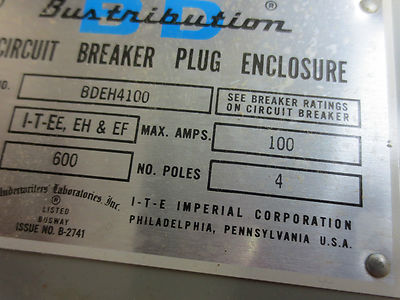 I-T-E BDEH4100 CIRCUIT BREAKER PLUG ENCLOSURE 100A 600V 4-POLE - NEW - NO HANDLE3