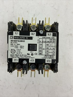 SQUARE D 8910DPA33V02 CONTACTOR 40A RES 600VAC COIL 120VAC 60HZ 110VAC 50HZ 20HP1