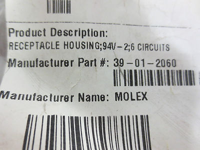 MOLEX 39-01-2060 Mini-Fit Jr.È Recept. Hsing, Dual Row, 6 Circuits, UL 94V 11 pc1