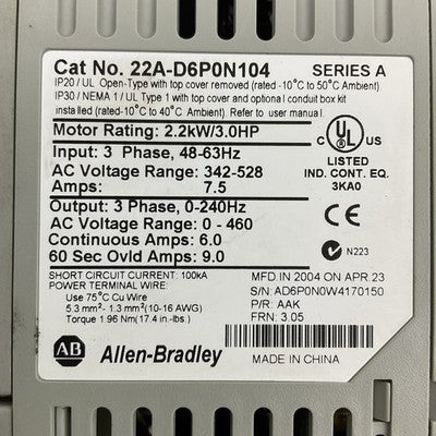 ALLEN BRADLEY 22A-D6P0N104 SER A FRN 3.05 POWER FLEX 4 AC DRIVE 2.2kW 3.0HP2