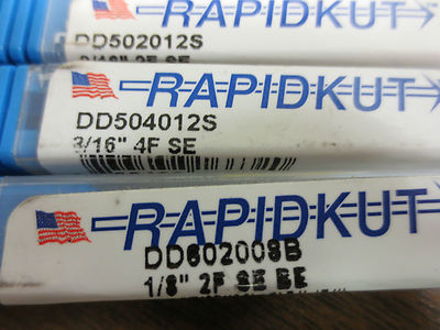 RAPIDKUT CUTTING TOOLS, LOT of 3 END MILLS 3/16" 4F SE, 1/8" 2F SE BE, 3/16" 2E.4