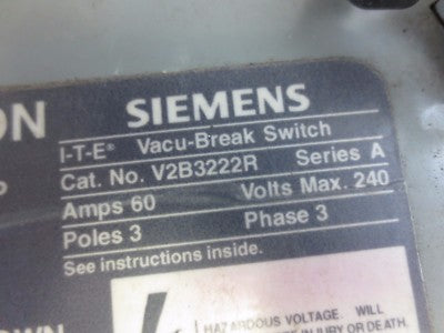 SIEMENS / I-T-E V2B3222R - VACU-BREAK TWIN PANEL MOUNT SWITCH - 240V, 60A, 3P1