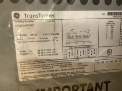 GENERAL ELECTRIC 9T23Q3572 TRANSFORMER 480V 30KVA 60HZ 3PH TYPE QL3