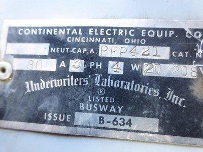 CONTINENTAL ELECTRIC PFP421 - BUS PLUG - 20/208V, 30A, 3-POLE, 4-WIRE1