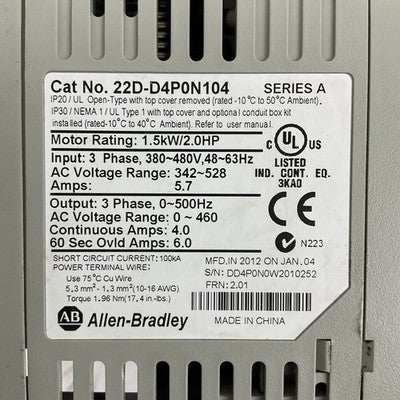 ALLEN BRADLEY 22D-D4P0N104 SER A FRN 2.01 AC DRIVE 1.5kW/2.0HP POWER FLEX1