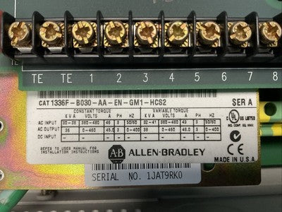 ALLEN BRADLEY 1336F-B030-AA-EN-GM1-HCS2 1336 PLUS SENSORLESS VECTOR DRIVE SER A1