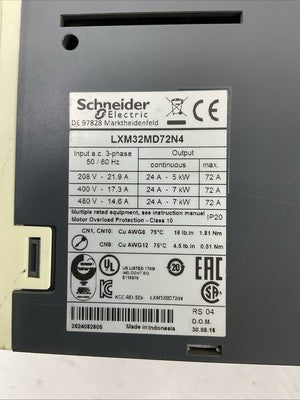 SCHNEIDER ELECTRIC LXM32MD72N4 SERVO DRIVE OUTPUT 24A 7kW INPUT 208/480VAC 3PH1