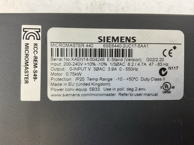 SIEMENS 1P 6SE6440-2UC17-5AA1 AC DRIVE MICROMASTER 4402