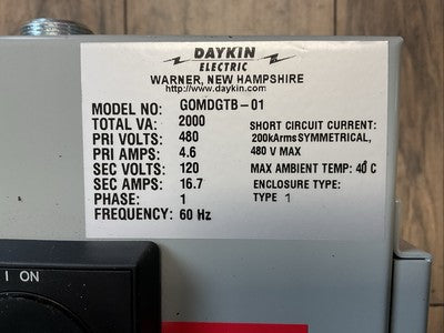 DAYKIN GOMDGTB-01 DISCONNECT SWITCH PRI 480V 4.6A SEC 120V 16.7A TF2000N-40241