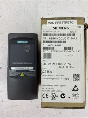 SIEMENS 1P 6SE6440-2UC17-5AA1 AC DRIVE MICROMASTER 4400