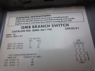 SQUARE D QMB-361-TW - QMB BRANCH SWITCH, TWIN - 30A, 600V, 3-POLE4