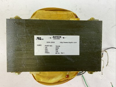 DAYKIN ELECTRIC DKN 200A TS105 TRANSFORMER 2000VA PRI 480 SEC 120 60HZ 1PH1