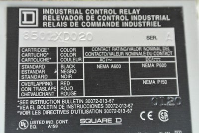 SQUARE D 8501XD020 TYPE X CONTROL RELAY / 115/125V COIL / 8-POLE / NEW SURPLUS1