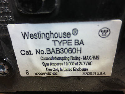 WESTINGHOUSE BAB6060H CIRCUIT BREAKER 240V, 60A, 3-POLE1