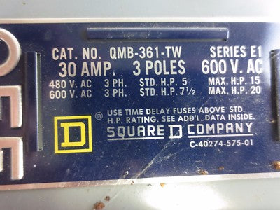 SQUARE D QMB-361-TW - QMB BRANCH SWITCH, TWIN - 30A, 600V, 3-POLE1