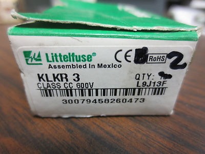 LITTELFUSE KLKR 3 FUSE, CLASS CC CURRENT-LIMITING 3A 600VAC LOT of 2 NEW SURPLUS1