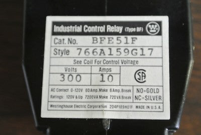 WESTINGHOUSE BFE51F INDUSTRIAL CONTROL RELAY, TYPE BF 300V, 10A - NEW SURPLUS1