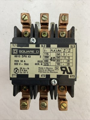 SQUARE D 8910DPA43V14 SER B 600VAC 50A 20HP CONTACTOR 9998 DA1V14 24V COIL0