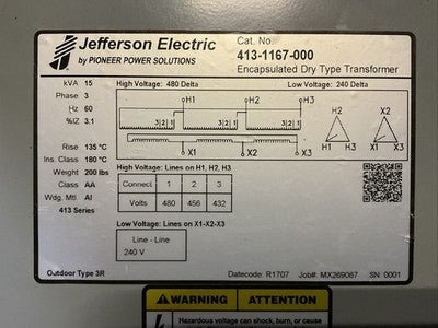 JEFFERSON ELECTRIC 413-1167-000 15KVA 3PH 60HZ HIGH VOLTAGE 480 DELTA LOW VOLTAG1