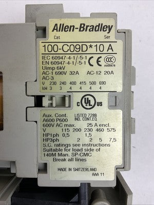 ALLEN BRADLEY STARTER(100-C09D*10 CONTACTOR 24VDC COIL+193-ED1CB RELAY 1.0-5.0A)1