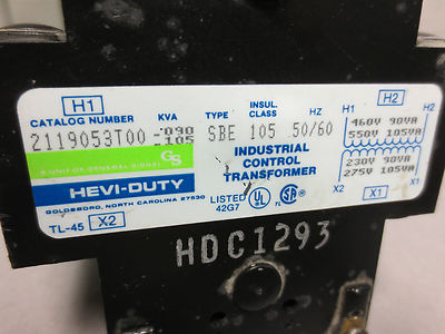 HEVI-DUTY 2119053T00 TYPE SBE INDUSTRIAL CONTROL TRANSFORMER .090/.105 KVA1