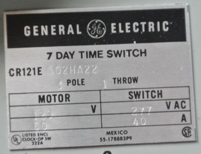 GE CONTROL CR121EN02HA22 SEVEN DAY TIME SWITCH 120V MOTOR 277V SWITCH 40A NEW 1