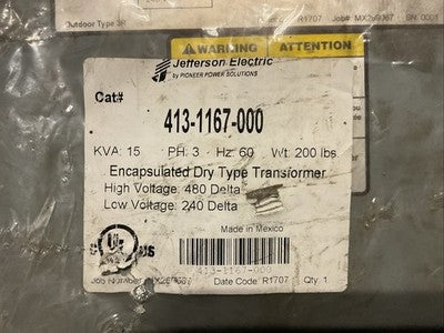 JEFFERSON ELECTRIC 413-1167-000 15KVA 3PH 60HZ HIGH VOLTAGE 480 DELTA LOW VOLTAG6