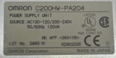 OMRON C200HW-PA204 / POWER SUPPLY UNIT / 100-120VAC / 200-24VAC / 120VA1