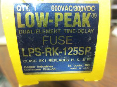 COOPER BUSSMANN LPS-RK-125SP LOW PEAK DUAL-ELEMENT TIME-DELAY FUSE 600VAC 300VDC3