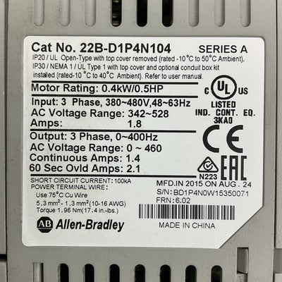 ALLEN BRADLEY 22B-D1P4N104 AC DRIVE SER A FRN: 6.02 POWER FLEX 40 0.4kW/0.5HP1